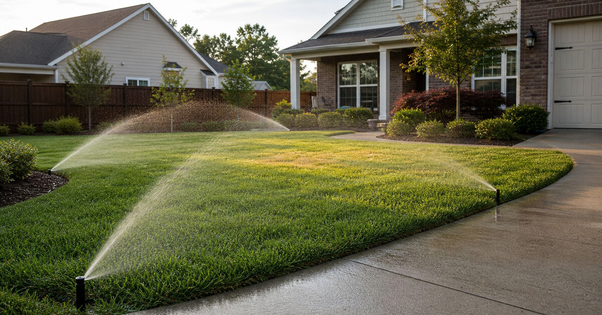 Sprinkler watering a residential lawn beside a dry patch