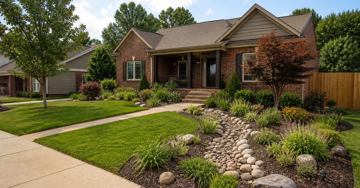 Finished landscape design with layered planting beds, a walkway, and a patio at a Northwest Georgia home