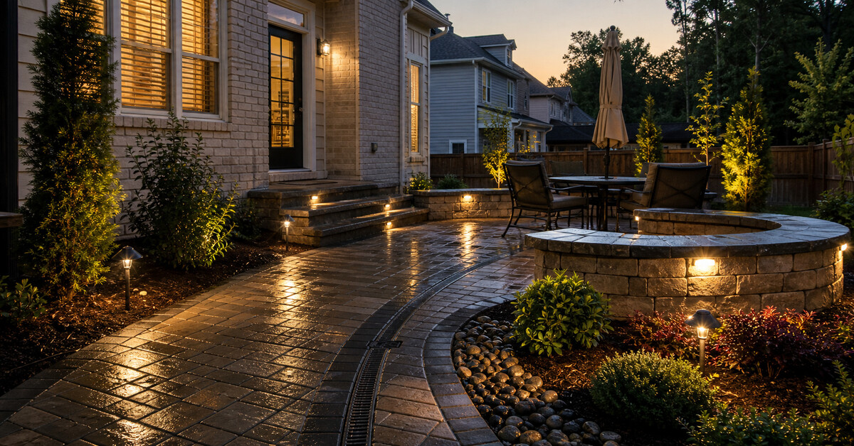 Patio design with a seating wall, planted beds, clear walkways, and low-voltage lighting at a Northwest Georgia home