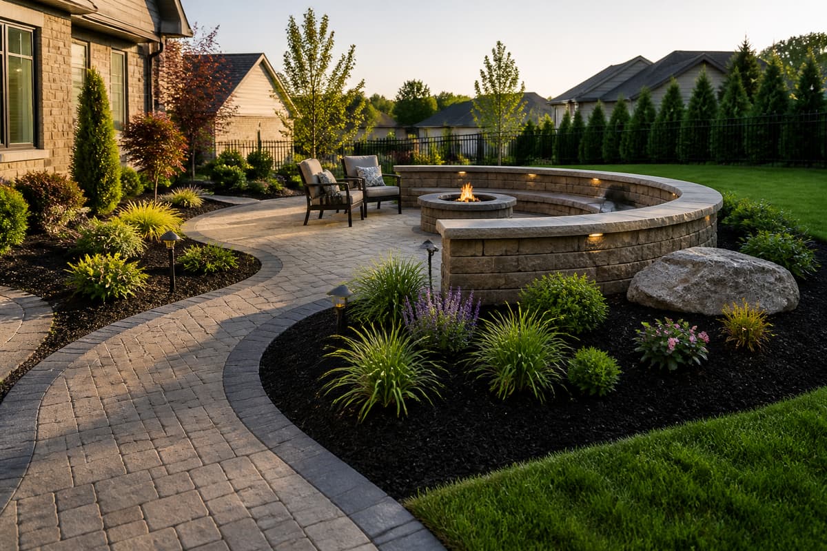 Paver patio with a seating wall and fire pit at dusk