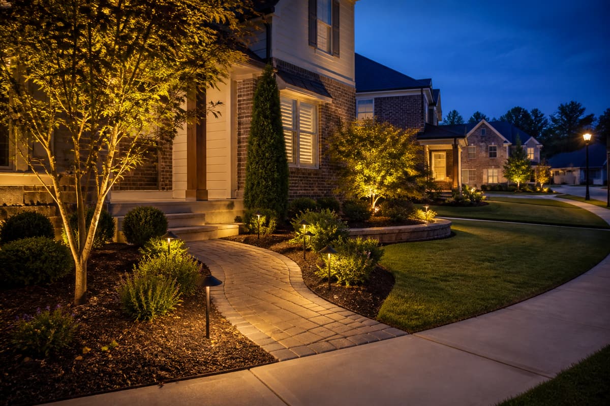 Landscape lighting along a brick home and walkway at twilight
