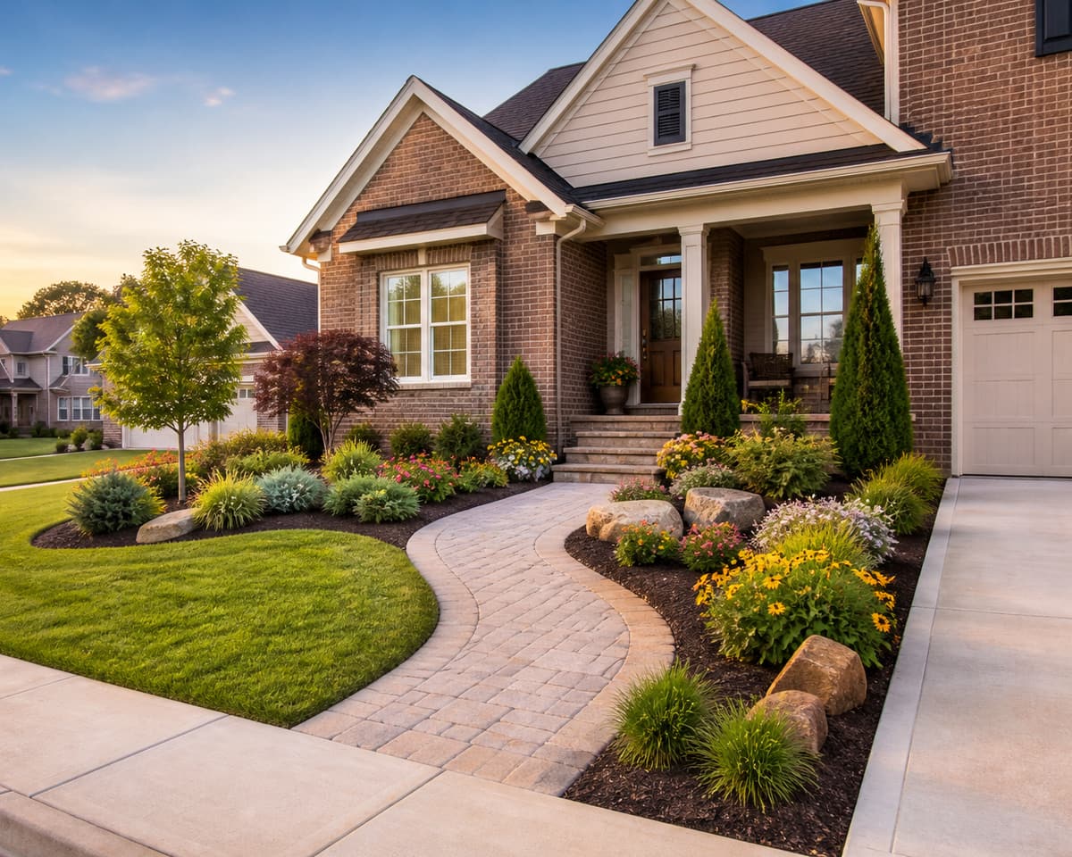 Freshly installed sod and mulched landscape beds at a Northwest Georgia home