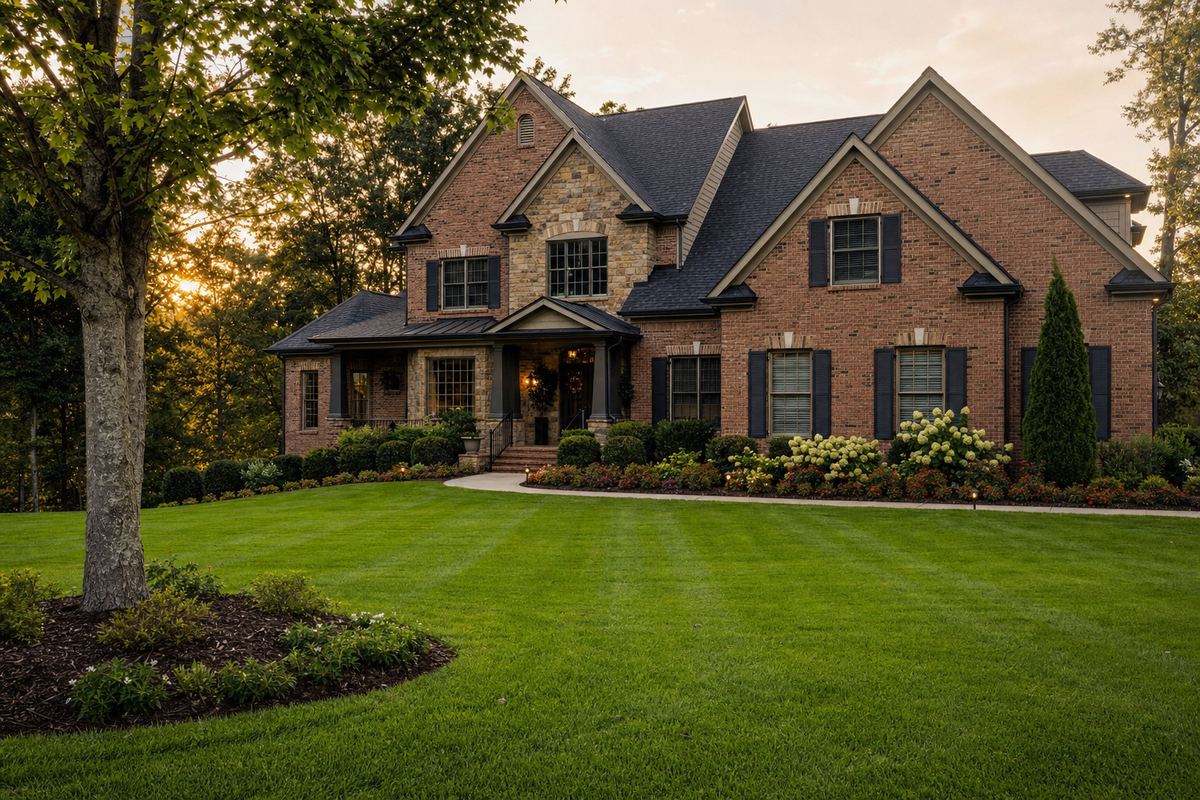 Brick home with a manicured lawn and landscape beds in Northwest Georgia