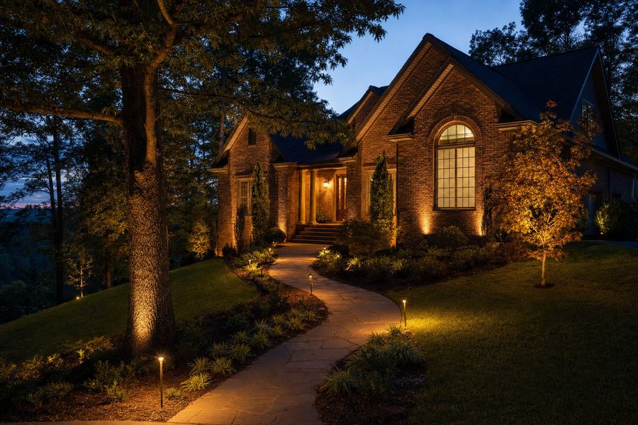 Landscape lighting on a brick home and walkway at twilight