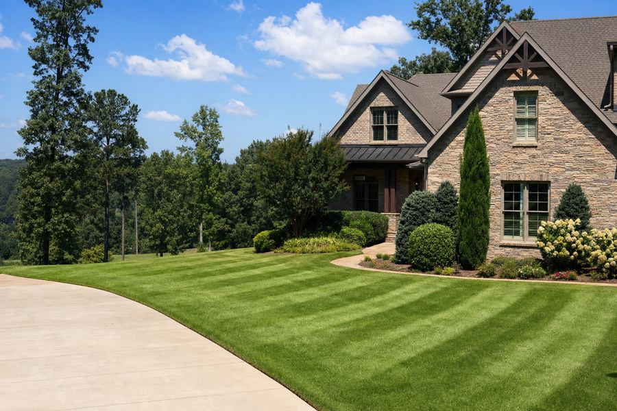 Manicured lawn with mowing stripes and crisp edging