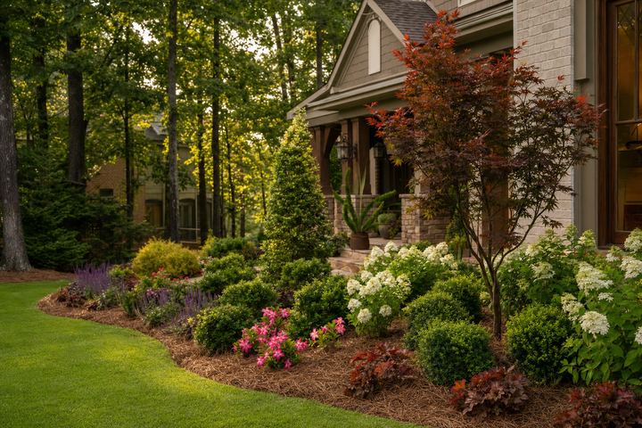 Layered landscape planting beds beside a southern front porch