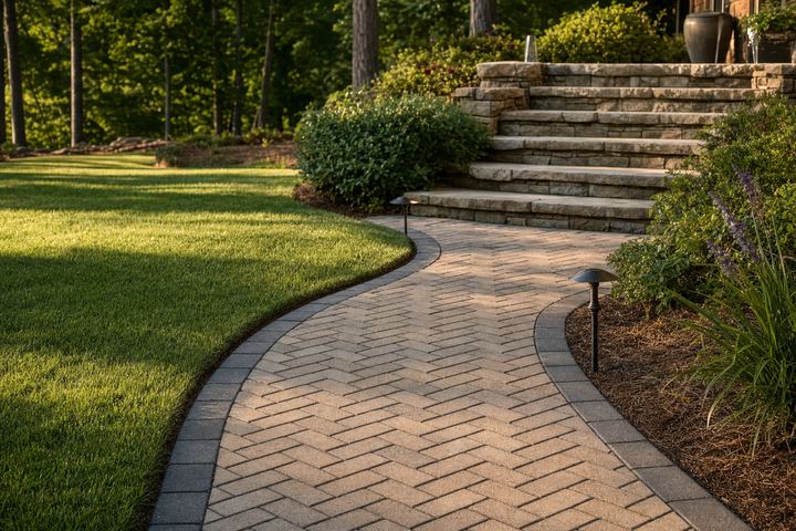 Paver walkway and natural stone steps through a landscaped yard