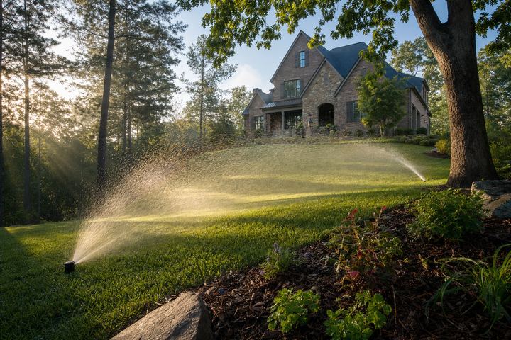 Irrigation system watering a green residential lawn