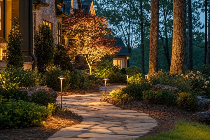 Low-voltage path lighting along a stone walkway at dusk